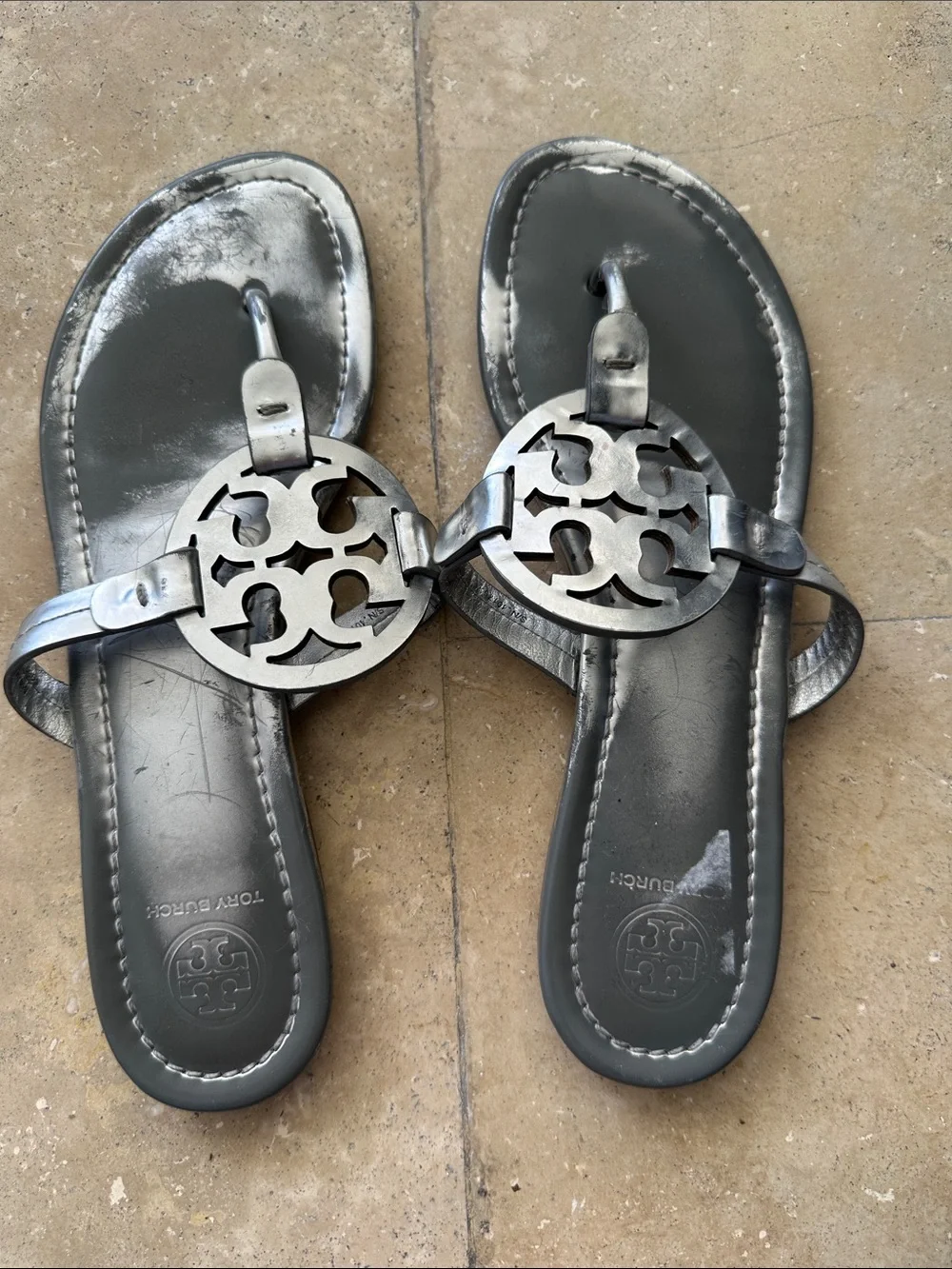 Tory Burch Metallic Charcoal Logo Thong Sandals